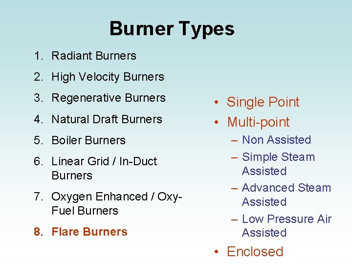 Burner Types 1. Radiant Burners 2. High Velocity Burners 3. Regenerative Burners 4. Natural