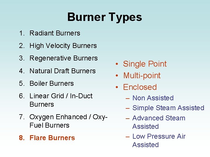 Burner Types 1. Radiant Burners 2. High Velocity Burners 3. Regenerative Burners 4. Natural