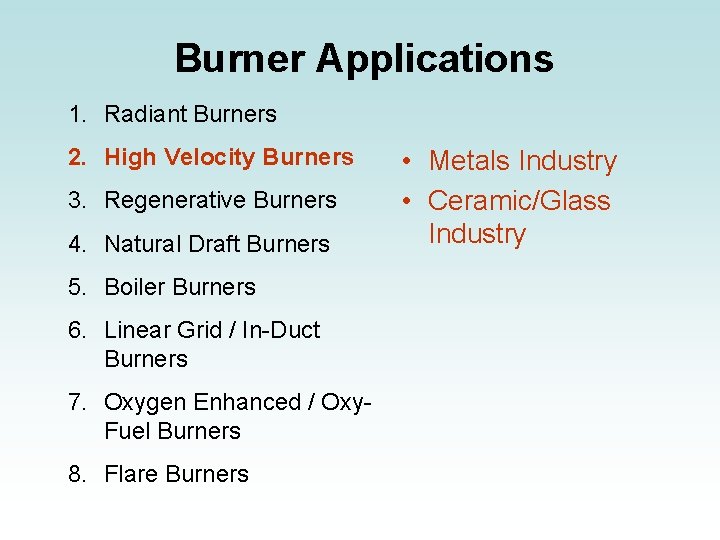 Burner Applications 1. Radiant Burners 2. High Velocity Burners 3. Regenerative Burners 4. Natural