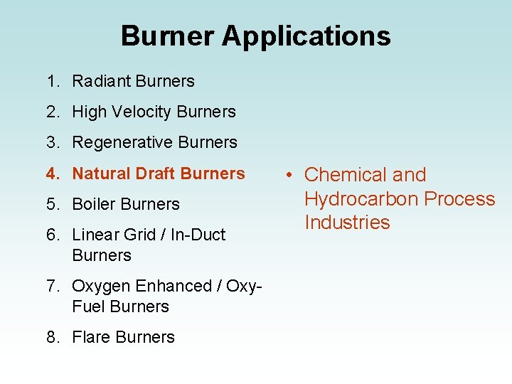 Burner Applications 1. Radiant Burners 2. High Velocity Burners 3. Regenerative Burners 4. Natural