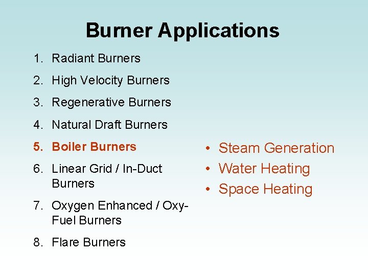 Burner Applications 1. Radiant Burners 2. High Velocity Burners 3. Regenerative Burners 4. Natural