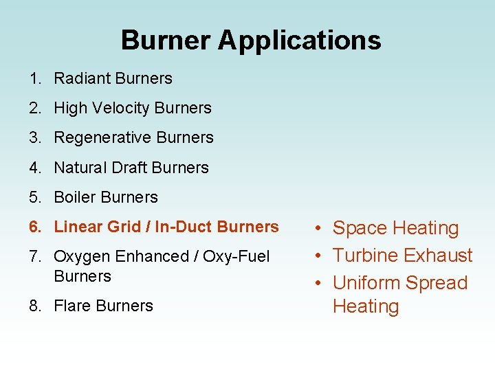 Burner Applications 1. Radiant Burners 2. High Velocity Burners 3. Regenerative Burners 4. Natural