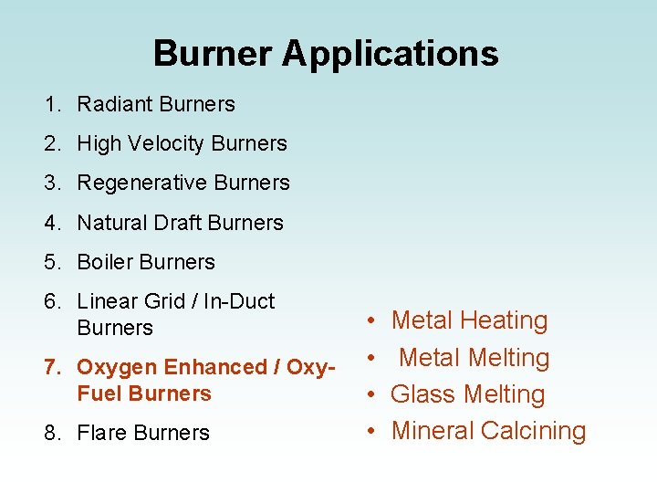 Burner Applications 1. Radiant Burners 2. High Velocity Burners 3. Regenerative Burners 4. Natural