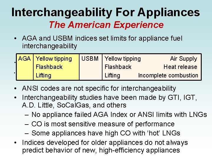 Interchangeability For Appliances The American Experience • AGA and USBM indices set limits for