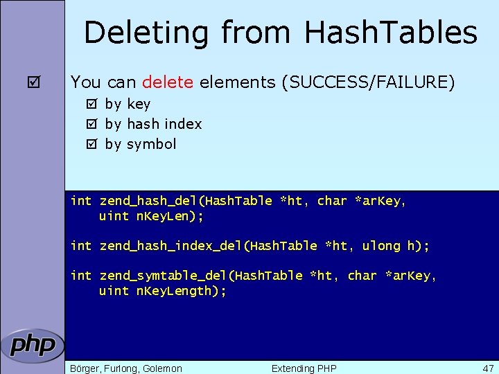 Deleting from Hash. Tables þ You can delete elements (SUCCESS/FAILURE) þ by key þ