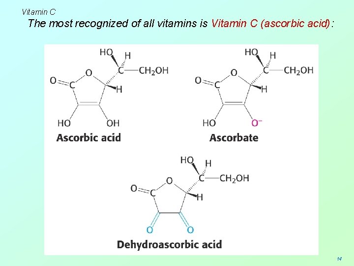 Vitamin C The most recognized of all vitamins is Vitamin C (ascorbic acid): 14
