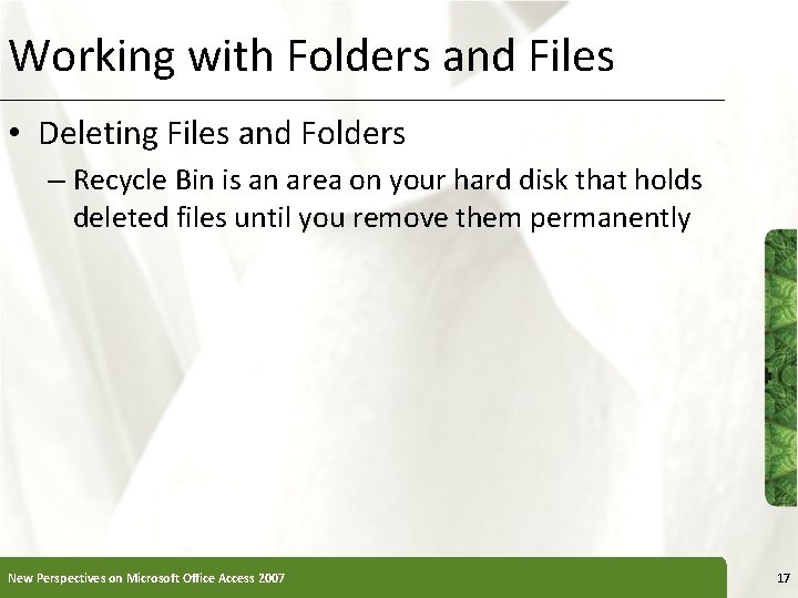 Working with Folders and Files • Deleting Files and Folders – Recycle Bin is