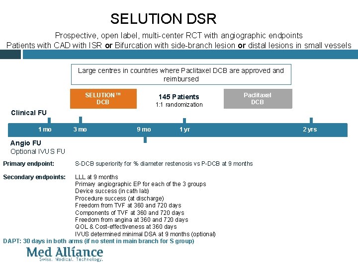 SELUTION DSR Prospective, open label, multi-center RCT with angiographic endpoints Patients with CAD with