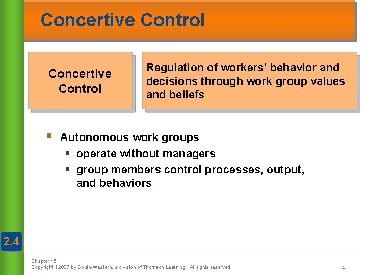 Concertive Control § Regulation of workers’ behavior and decisions through work group values and