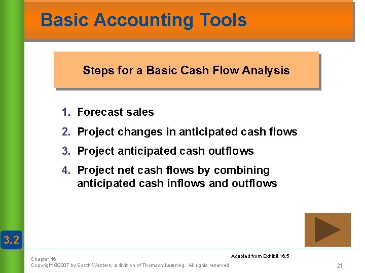 Basic Accounting Tools Steps for a Basic Cash Flow Analysis 1. Forecast sales 2.