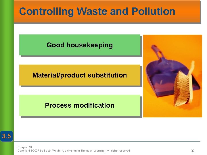 Controlling Waste and Pollution Good housekeeping Material/product substitution Process modification 3. 5 Chapter 16