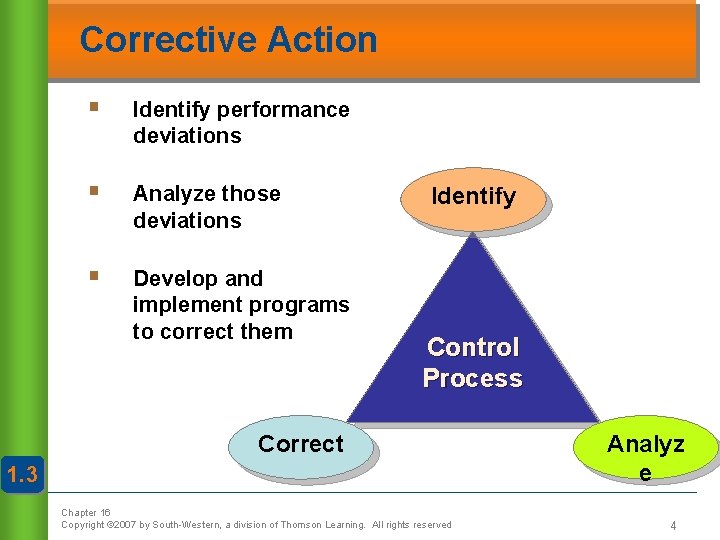 Corrective Action § Identify performance deviations § Analyze those deviations § Develop and implement