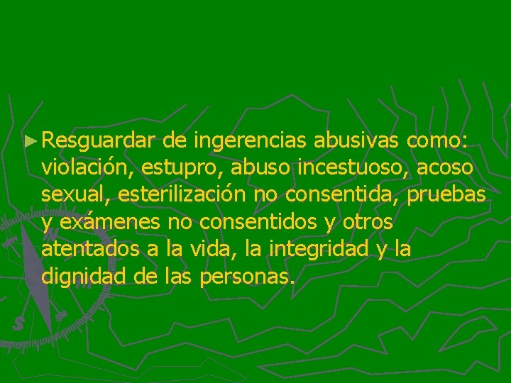 ► Resguardar de ingerencias abusivas como: violación, estupro, abuso incestuoso, acoso sexual, esterilización no