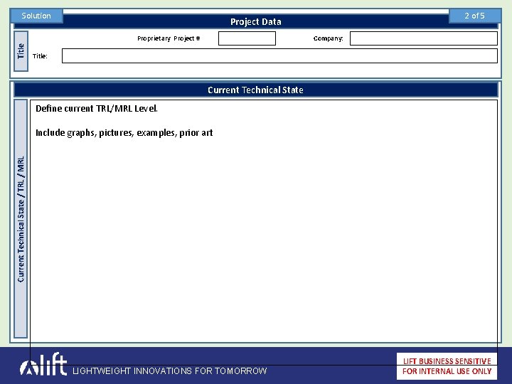 Solution Proprietary Project # Title 2 of 5 Project Data Company: Title: Current Technical