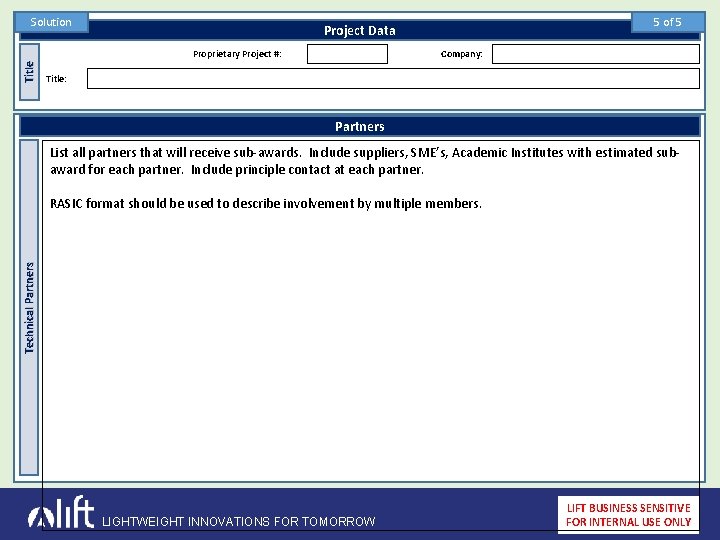 Solution Proprietary Project #: Title 5 of 5 Project Data Company: Title: Partners List