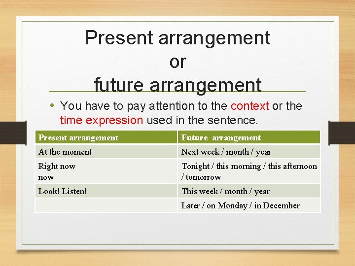 Present arrangement or future arrangement • You have to pay attention to the context