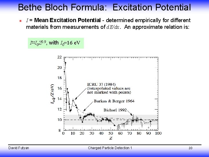 Bethe Bloch Formula: Excitation Potential I = Mean Excitation Potential - determined empirically for