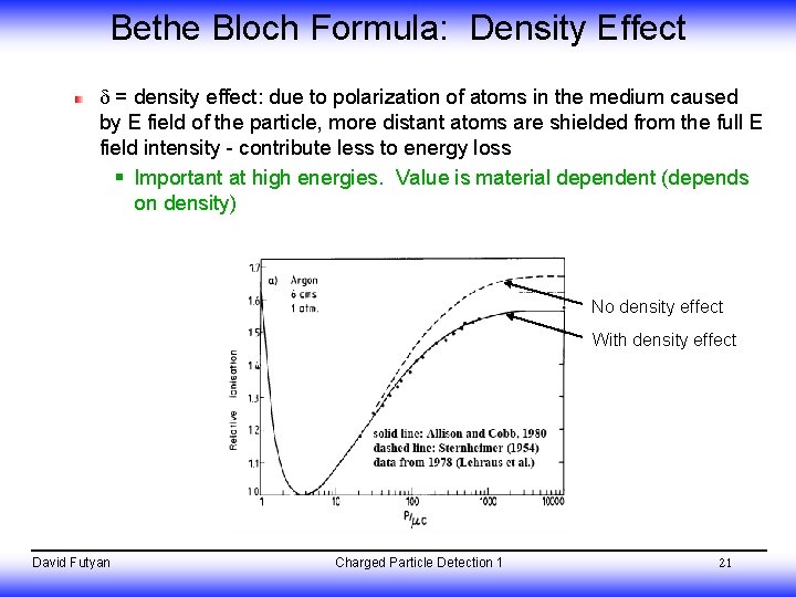 Bethe Bloch Formula: Density Effect = density effect: due to polarization of atoms in