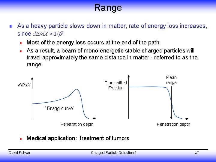 Range As a heavy particle slows down in matter, rate of energy loss increases,