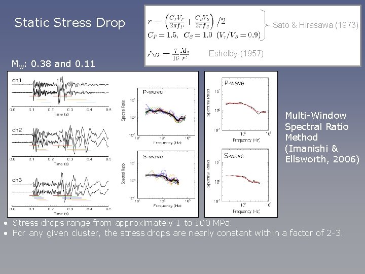 Static Stress Drop Mw: 0. 38 and 0. 11 Sato & Hirasawa (1973) Eshelby