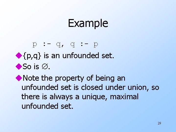 Example p : - q, q : - p u{p, q} is an unfounded