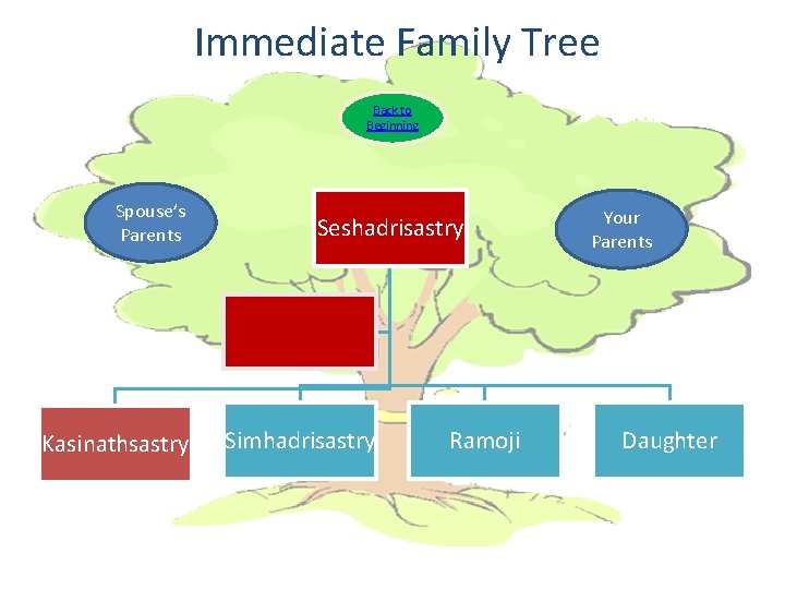 Immediate Family Tree Back to Beginning Spouse’s Parents Kasinathsastry Seshadrisastry Simhadrisastry Ramoji Your Parents