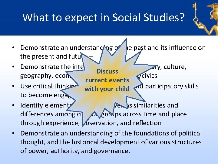 What to expect in Social Studies? • Demonstrate an understanding of the past and