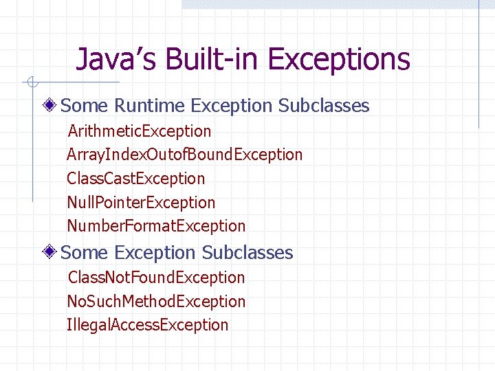 Java’s Built-in Exceptions Some Runtime Exception Subclasses Arithmetic. Exception Array. Index. Outof. Bound. Exception