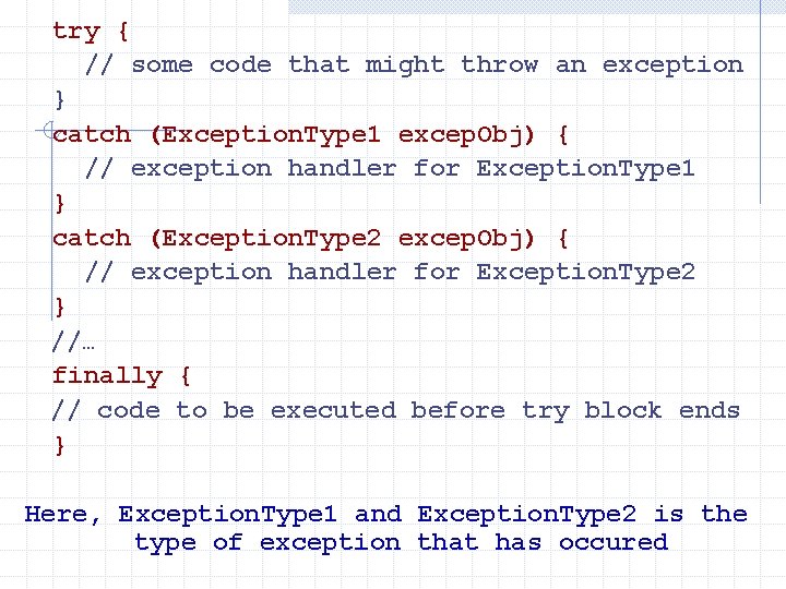 try { // some code that might throw an exception } catch (Exception. Type