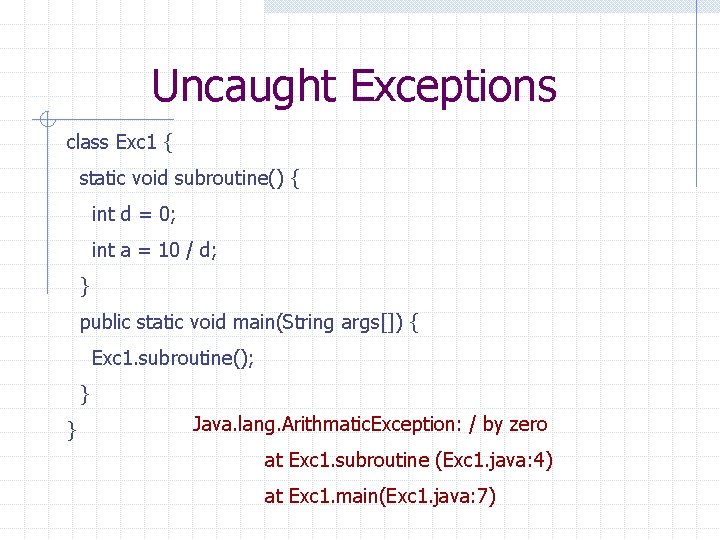 Uncaught Exceptions class Exc 1 { static void subroutine() { int d = 0;