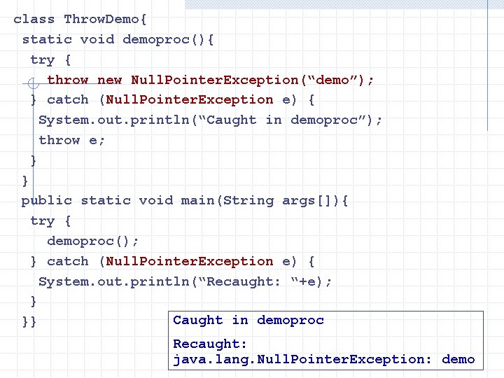 class Throw. Demo{ static void demoproc(){ try { throw new Null. Pointer. Exception(“demo”); } class Throw. Demo{ static void demoproc(){ try { throw new Null. Pointer. Exception(“demo”); }