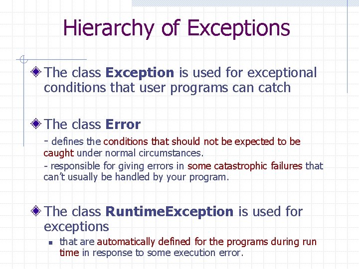 Hierarchy of Exceptions The class Exception is used for exceptional conditions that user programs