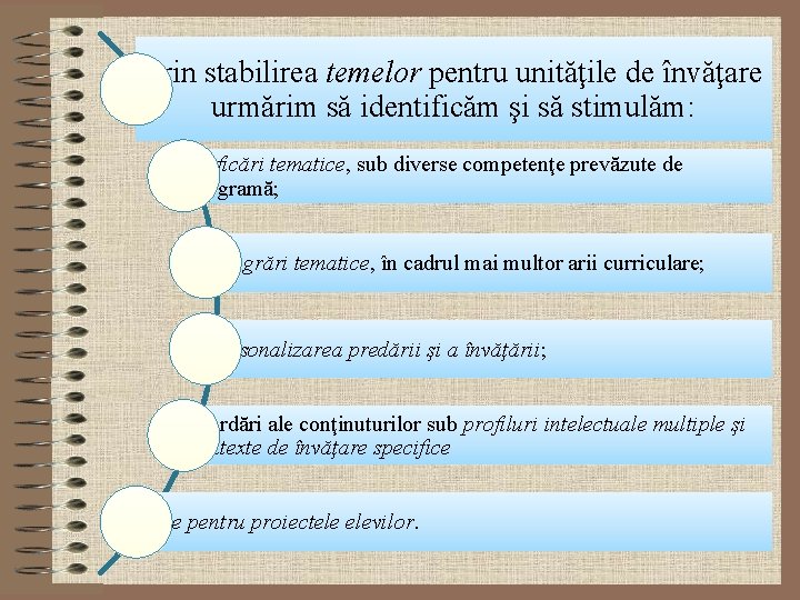Prin stabilirea temelor pentru unităţile de învăţare urmărim să identificăm şi să stimulăm: unificări Prin stabilirea temelor pentru unităţile de învăţare urmărim să identificăm şi să stimulăm: unificări