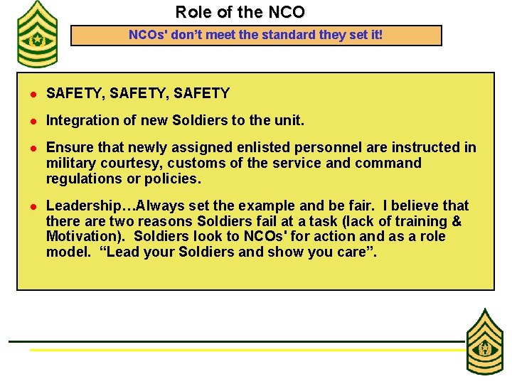 Role of the NCOs' don’t meet the standard they set it! l SAFETY, SAFETY