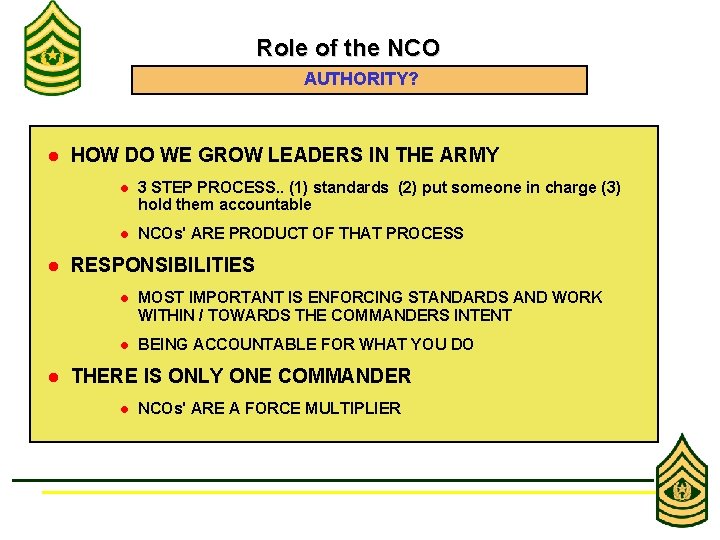 Role of the NCO AUTHORITY? l l l HOW DO WE GROW LEADERS IN