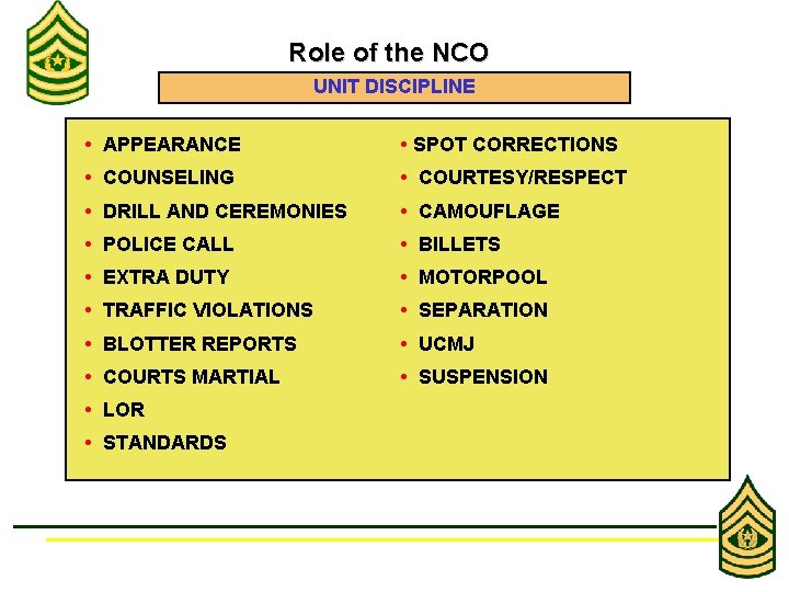 Role of the NCO UNIT DISCIPLINE • APPEARANCE • SPOT CORRECTIONS • COUNSELING •