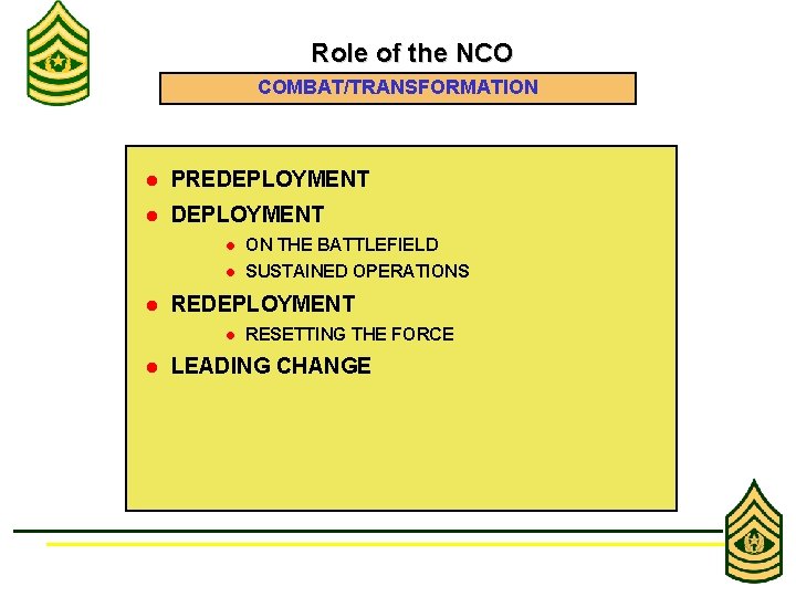 Role of the NCO COMBAT/TRANSFORMATION l PREDEPLOYMENT l l ON THE BATTLEFIELD l SUSTAINED