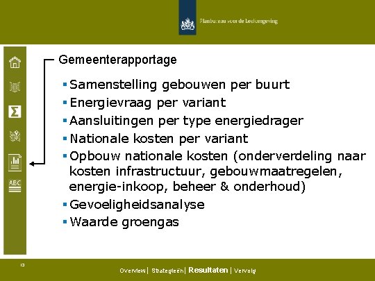 Gemeenterapportage § Samenstelling gebouwen per buurt § Energievraag per variant § Aansluitingen per type