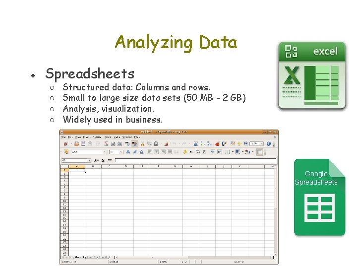 Analyzing Data ● Spreadsheets ○ ○ Structured data: Columns and rows. Small to large