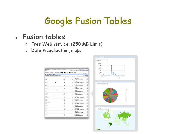 Google Fusion Tables ● Fusion tables ○ Free Web service (250 MB Limit) ○