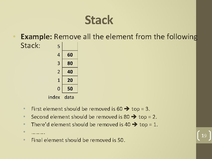Stack • Example: Remove all the element from the following Stack: • • •