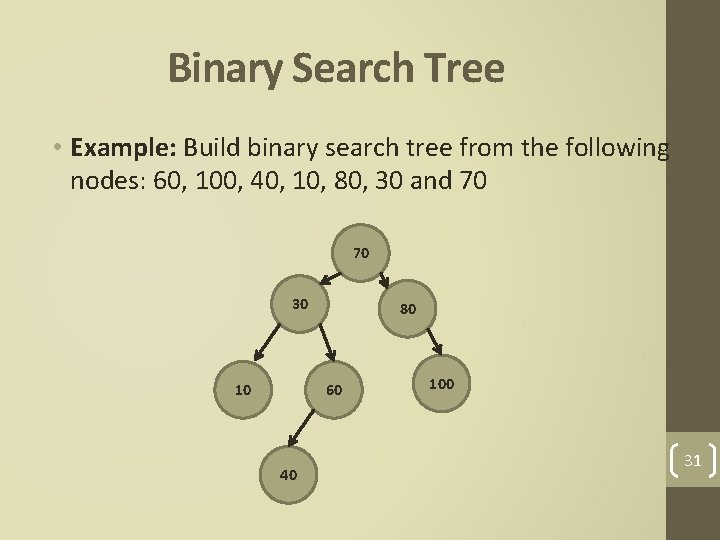 Binary Search Tree • Example: Build binary search tree from the following nodes: 60,
