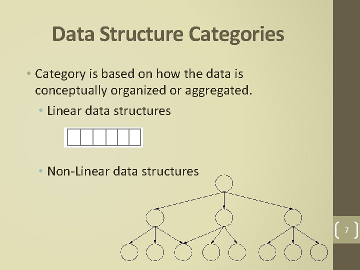 Data Structure Categories • Category is based on how the data is conceptually organized