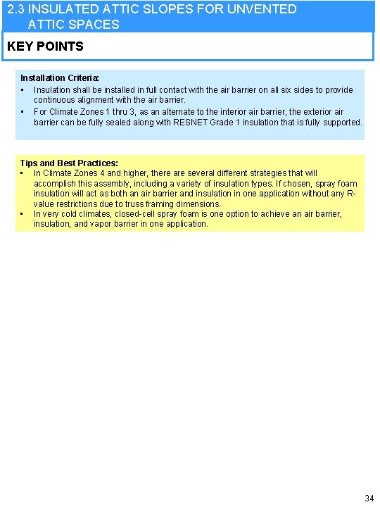 2. 3 INSULATED ATTIC SLOPES FOR UNVENTED ATTIC SPACES KEY POINTS Installation Criteria: •