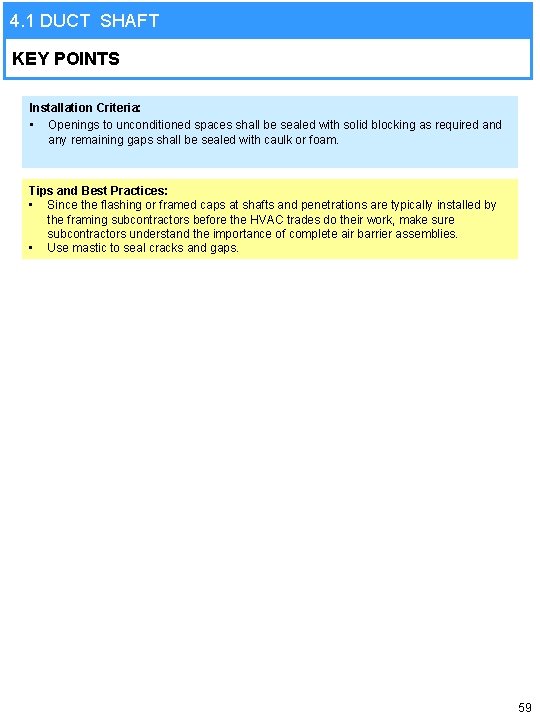 4. 1 DUCT SHAFT KEY POINTS Installation Criteria: • Openings to unconditioned spaces shall