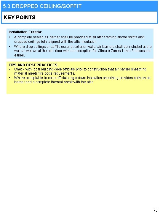 5. 3 DROPPED CEILING/SOFFIT KEY POINTS Installation Criteria: • A complete sealed air barrier