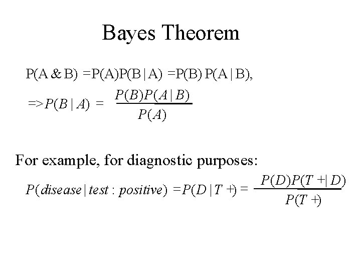 Bayes Theorem P(A & B) = P(A)P(B | A) =P(B) P(A | B), P(