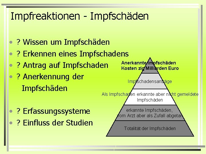 Impfreaktionen - Impfschäden • • ? Wissen um Impfschäden ? Erkennen eines Impfschadens Anerkannte