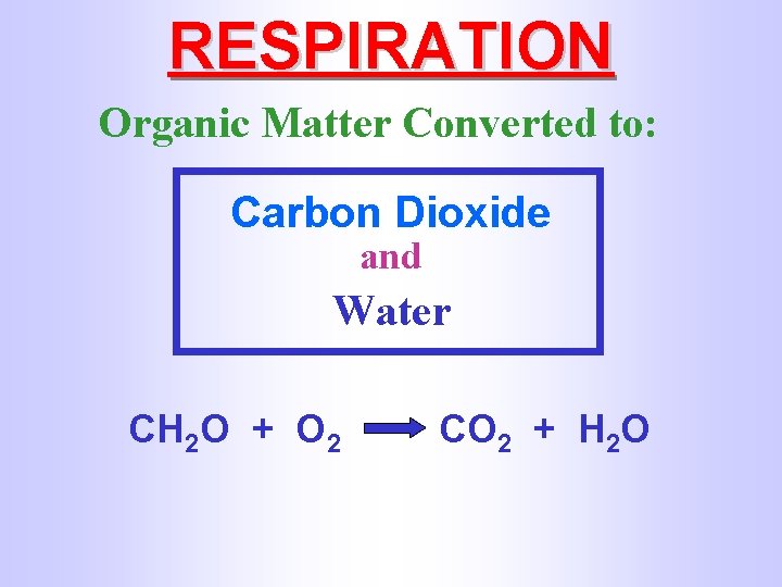 RESPIRATION Organic Matter Converted to: Carbon Dioxide and Water CH 2 O + O