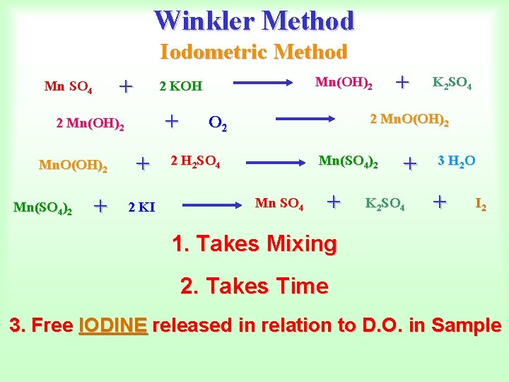 Winkler Method Iodometric Method + Mn SO 4 + 2 Mn(OH)2 Mn. O(OH)2 +